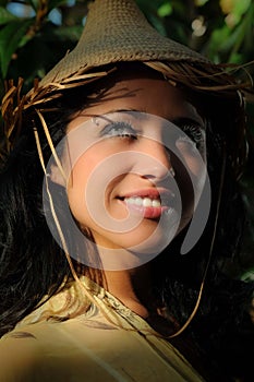 Cute young gypsy girl`s face with frozen eyelashes