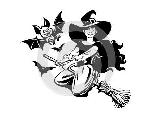 Cute young Halloween witch flying on the broom stick surrounded by bats. Black and white hand drawn vector illustration