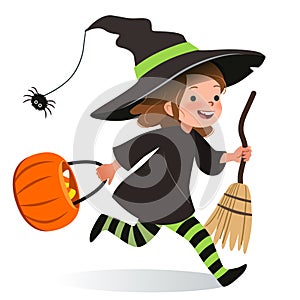 Cute young happy girl, running in Halloween witch costume with hat, black dress, stripy stockings, carrying broom and orange trick