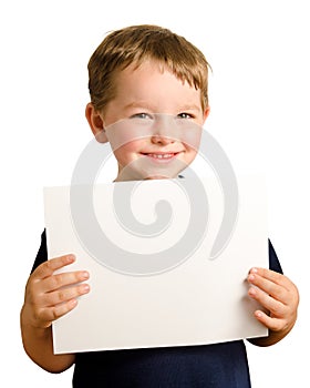 Cute young happy preschooler boy holding up sign