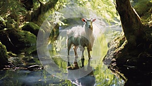 Cute young lamb grazing in green meadow near a pond generated by AI