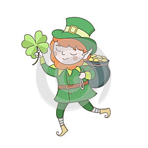 Cute young leprechaun in green clothes with a pot of golden coins and clower leaf. Saint Patrick s day celebration
