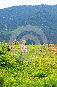 Cute young little girl blowing dandelion in sunny day.