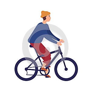 Cute young man or boy wearing casual clothes and beanie hat riding BMX bike. Smiling male character on bicycle isolated