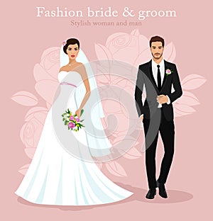 Cute young married couple: fashion beautiful bride with bouquet and handsome groom in stylish suit. Wedding set.