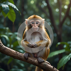 Cute young monkey sitting on branch, eating in tropical forest generated by AI. Cute young monkey