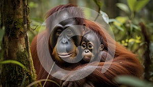 A cute young orangutan sitting in a tropical rainforest generated by AI