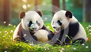 Cute, young panda bears playing with ball outdoor .ai generated