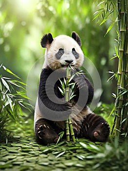 Cute young panda eating bamboo leaves, generative ai
