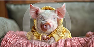 Cute young pig dressed in clothes. Generated by AI