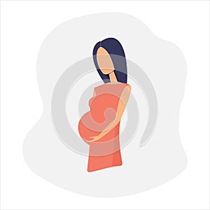 Cute young pregnant woman without face in minimal style  on white background. Gentle touching girl waiting for a child.