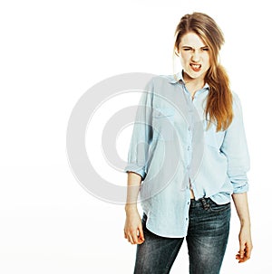 Cute young pretty girl thinking on white background isolated close up