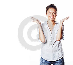 Cute young pretty girl thinking on white background isolated close up