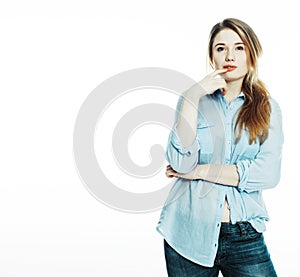 Cute young pretty girl thinking on white background isolated close up