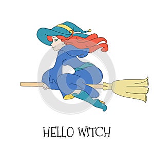 Cute young redheaded witch flying on a broom on a white background.