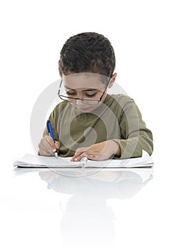 Cute Young Schoolboy Studying with Concentration