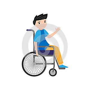 Cute young smiling boy say hello in wheelchair