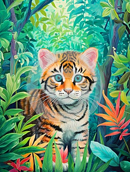 Cute young tiger in the forest watercolor painting.