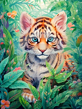 Cute young tiger in the forest watercolor painting.