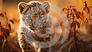 A cute young tiger hiding in the grass, looking dangerous generated by AI