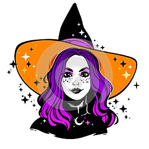 Cute young witch with beautiful iridescent hair