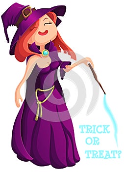 Cute young witch for Halloween cards. Vector clip art illustrati