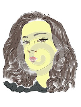 Cute young woman digital drawing. Color illustration