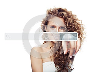 Cute young woman and empty address bar in virtual web browser isolated on white background