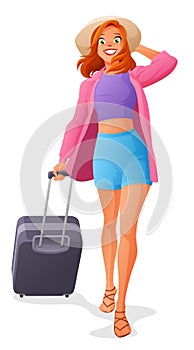 Cute young woman going on vacation with luggage. Vector illustration on white background.