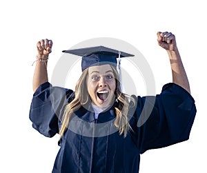 Cute Young woman in her graduation cap and gown showing excitement after graduating