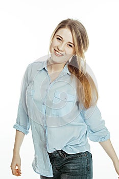 Cute young woman making cheerful faces on white