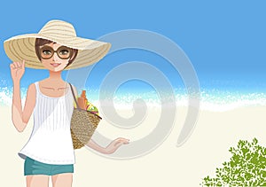 Cute young woman in straw wide brimmed hat smiling at beach