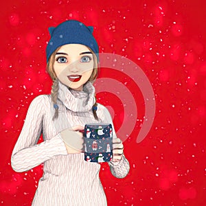 Cute young woman in warm winter clothing holding a Christmas coffee mug