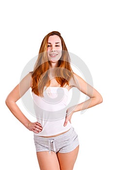 Cute young woman on white background