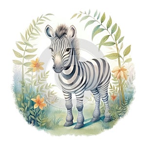 Cute zebra baby african jungle safari animal, watercolor illustration