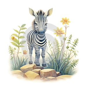 Cute zebra baby african jungle safari animal, watercolor illustration