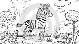 Cute Zebra Line Drawing Coloring Page Safari Animal Sun and Clouds