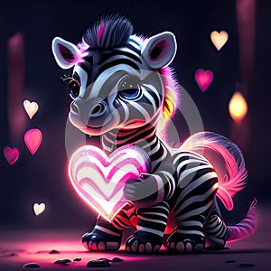 Cute Zebra Foal hugging heart Zebra with a heart on a dark background. Vector illustration. Generative AI