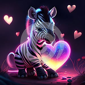 Cute Zebra Foal hugging heart Zebra with heart in neon light. Valentine's day illustration. AI Generated