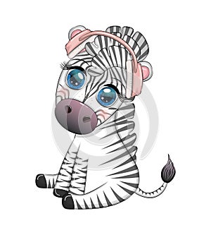 Cute zebra in headphones, love for music. Notes and treble clefs