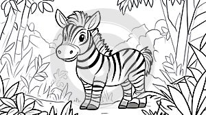 Cute Zebra Coloring Page Outline in Jungle Scenery