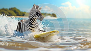 A cute zebra surfer enjoys a fun-filled summer day at the beach, riding waves with enthusiasm, Ai Generated