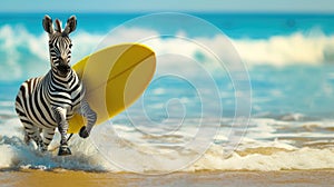 A cute zebra surfer enjoys a fun-filled summer day at the beach, riding waves with enthusiasm, Ai Generated