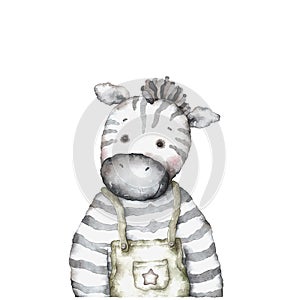 Cute zebra. watercolor illustration. portraits of cute animals. poster for the nursery.