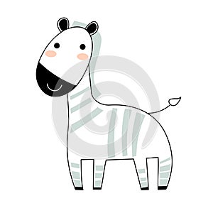 Cute zebra. Zebra flat hand drawn poster. Cartoon character for kids and babies fashion. Vector children s illustration