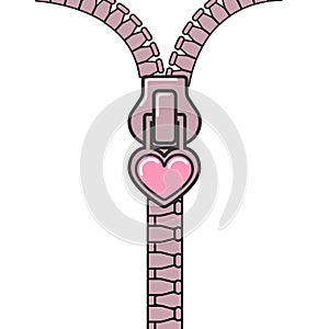 Cute zipper in form of small pink heart. Puppet style, dolls. Partially closed and open zipper. Vector illustration