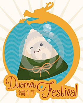 Cute Zongzi in Button with a Dragon for Duanwu Festival, Vector Illustration