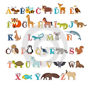 Cute zoo alphabet with animals in cartoon style