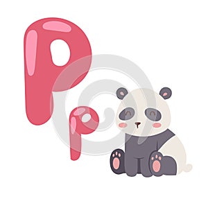 Cute zoo alphabet with cartoon animal panda isolated on white background and funny letter P wildlife learn typography
