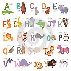 Cute zoo alphabet with cartoon animals on white background and grunge letters wildlife learn typography cute